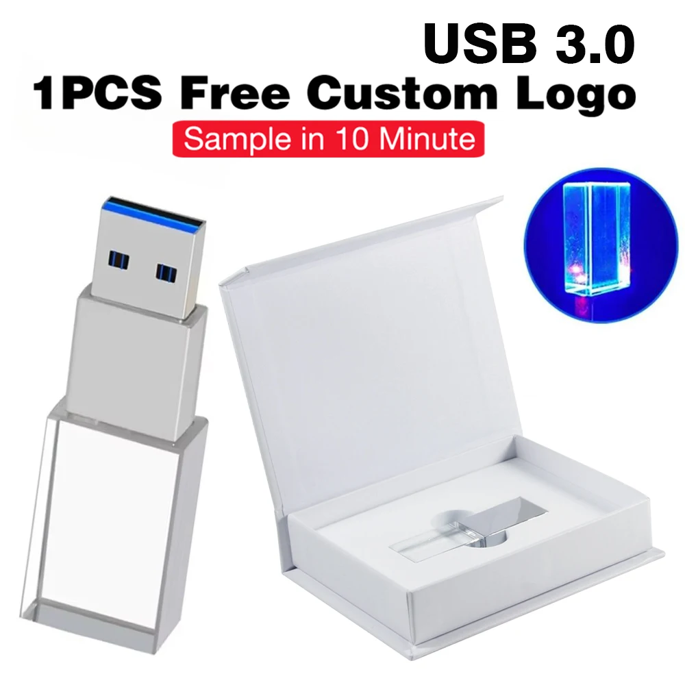 

Бесплатный индивидуальный логотип 3D лазерная гравировка светодиодная лампа Crystal USB 3.0 флэш-накопители 16 ГБ флэш-накопитель 32 ГБ ручка свадебный подарок U диск