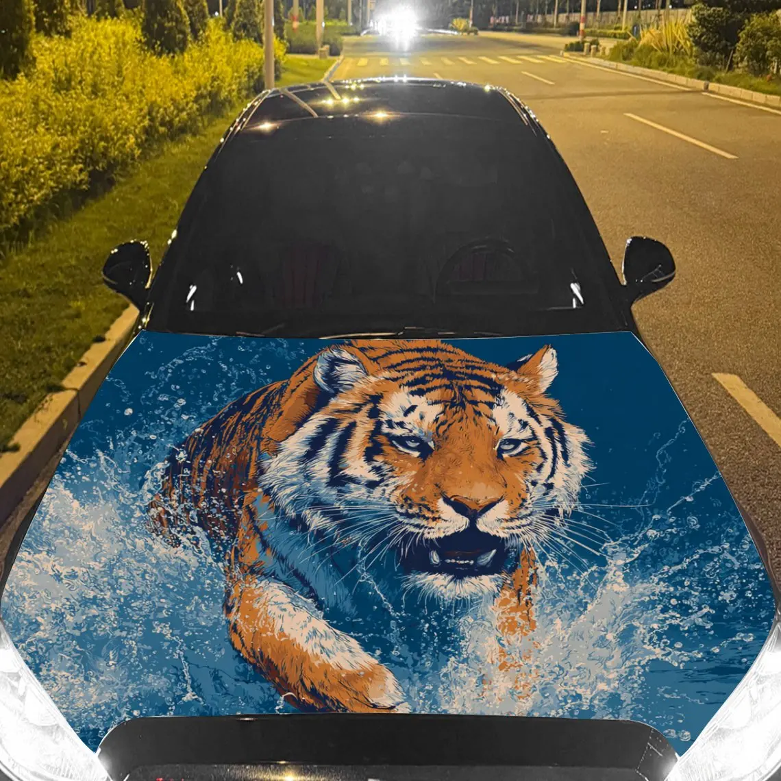 Dynamic Water Splash Tiger Car Hood Sticker,Waterproof Self-Adhesive Vinyl Graphics Decals,Decorative Auto Accessories Stickers