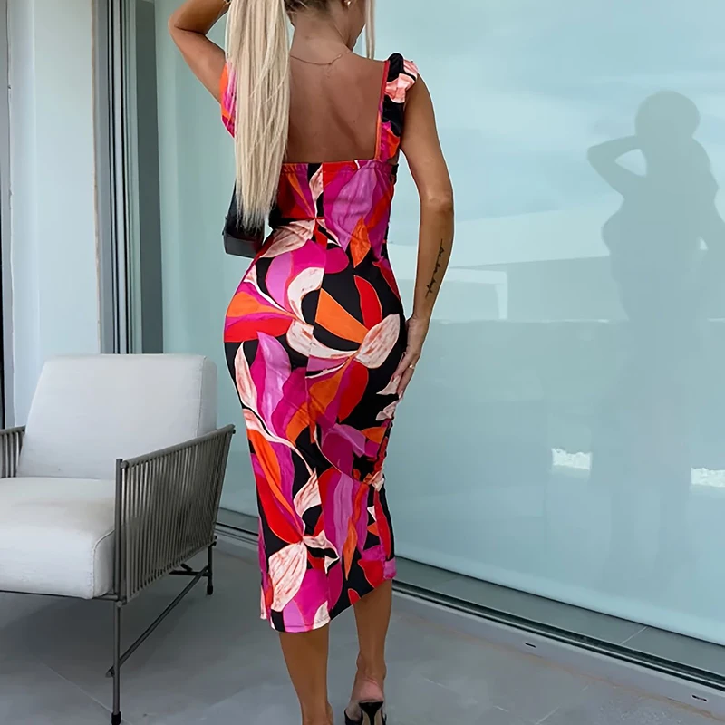Damska sukienka midi w stylu vintage z nadrukiem, z krótkimi, rozkloszowanymi rękawami, podkreślająca biodra, z wysokim stanem, wyszczuplająca, seksowna, z głębokim dekoltem, bez rękawów i rozcięciem, idealna na imprezę.