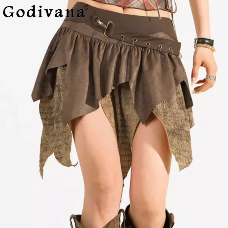 

Spring Summer New Coffee Color Irregular A-line American Retro Skirts Fashionable Versatile Personality Sexy Girls Street Skirts