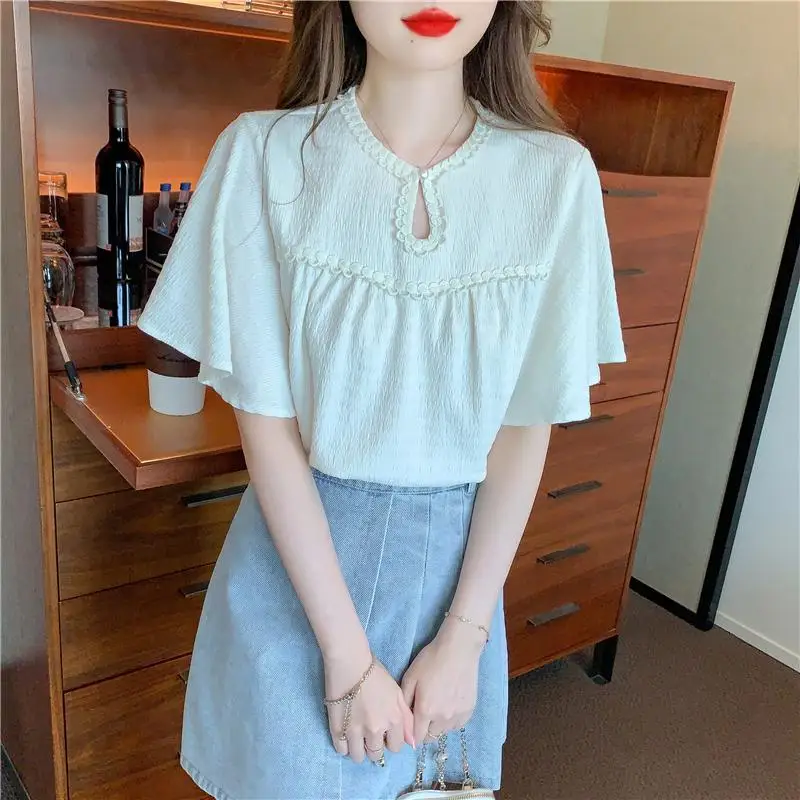 

Women's French Ruffle Sleeve T-shirt 2026 New Summer Short Sleeve T-shirt Female Elegant Casual Top Shirt Office Lady Base Shirt