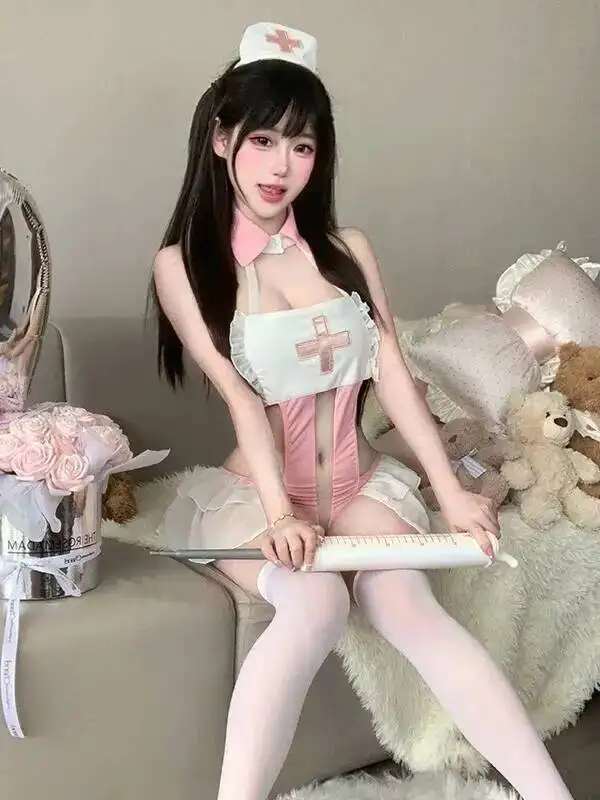 Pure Desire Stehkragen Schatz Krankenschwester Cosplay Sexy Mesh Gesäß Bodys Rückenfrei Tiefer V Ärmellose Bodys Elegant QHBG