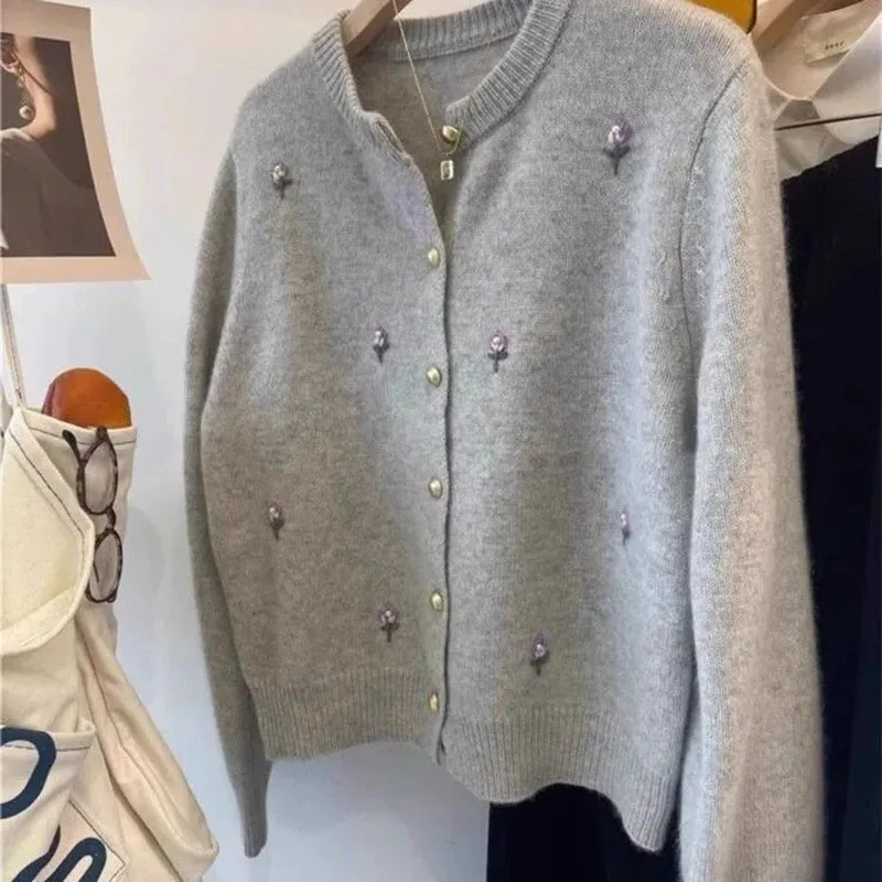 Korean Ladies Round Neck Knitted Cardigan 2025 Femme Long Sleeves Embroidery Sweater Coat Autumn Women Fashion Knit Jacket Tops - Image 3