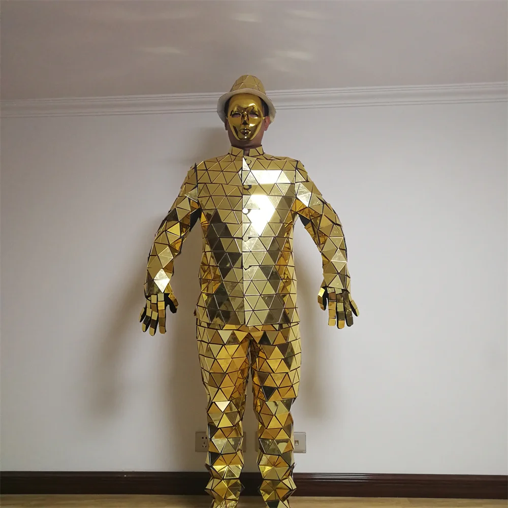 Cool Silver Golden Mirror Man Costumes Robot Suit Jacket Stage Dance Show Performance Hat Shoes DJ Night Club Ball Props