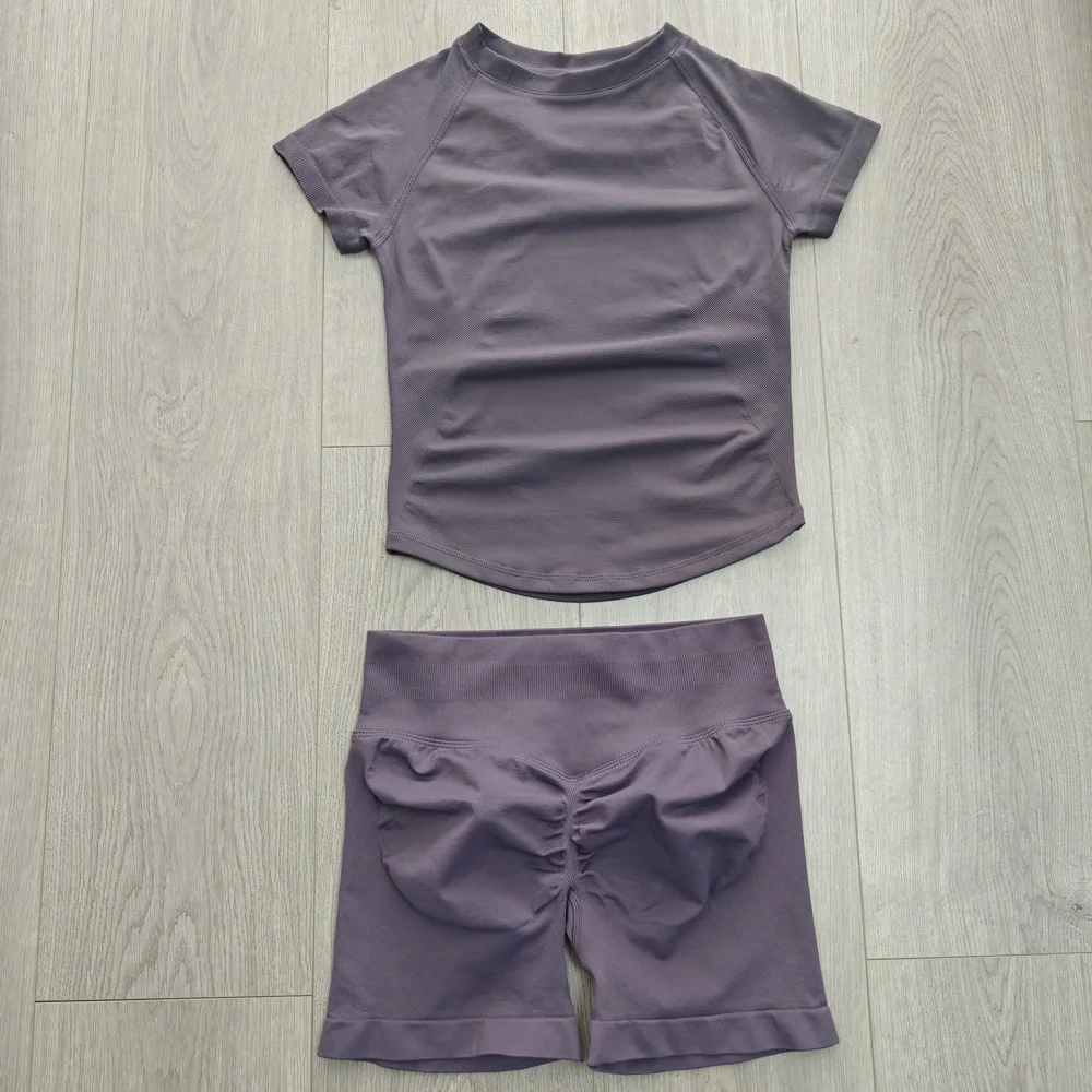 2-delige Impact Sports-set voor dames, naadloze yoga-top met korte mouwen en hardloopsportshorts, fitness-gym-workout-outfit
