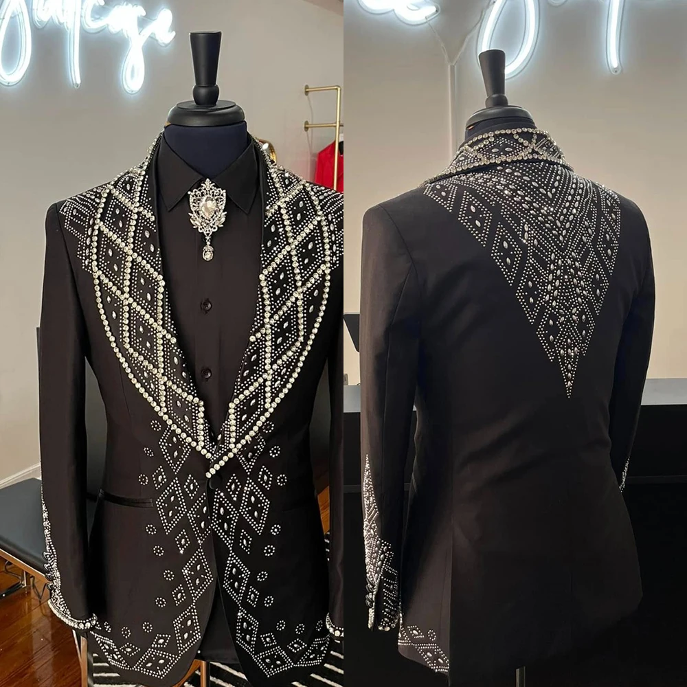 

Luxury Men Suits 1 Piece Crystals Prom Blazer Slim Fit Single Breasted Groom Wedding Tuxedos Formal Banquet Business Customized