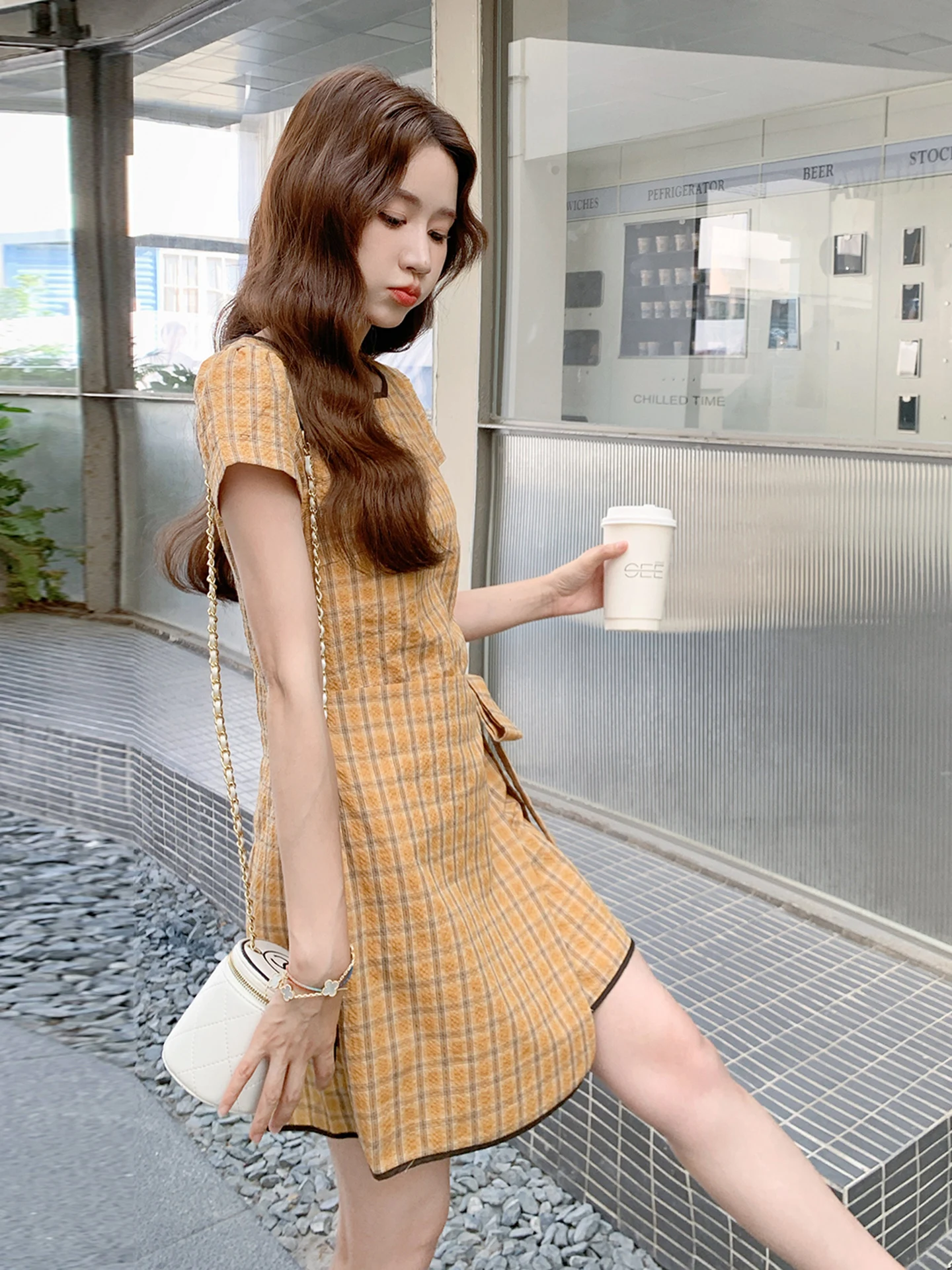 Retro Plaid Dr Women's Summer 2025 Faionable Holiday Sle High Waist ort Skirt Slimming A-Line Dr Korean Version