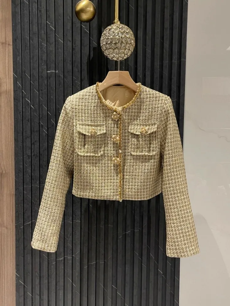 French Style Beading Sequin O-Neck Women Tweed Jacket Sets Autumn Fashion Party Coat Two-Piece Set Mid-Calf Length Skirt Outfits