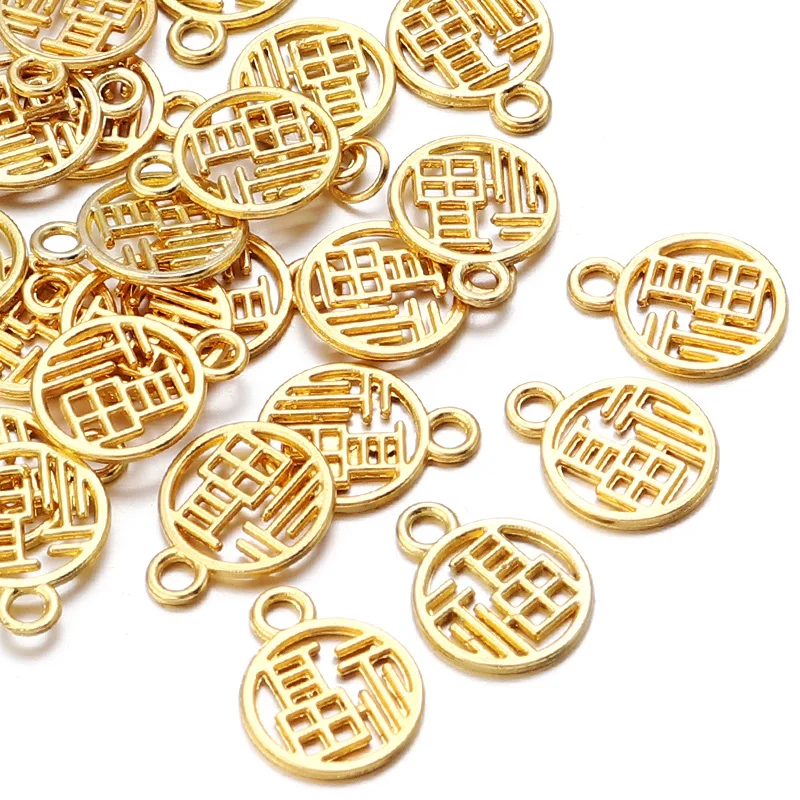 50PCS Fu Metal Pendant Gold Plated Good Luck Charms Lucky Chinese Character For DIY Necklace Bracelet Earrings Jewelry Accessory