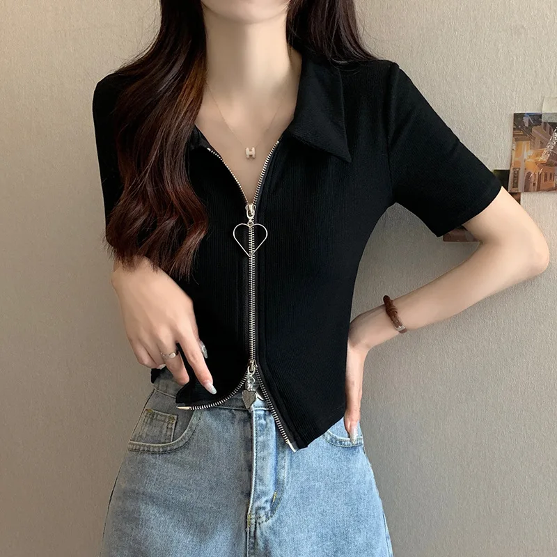 

T-shirt women's summer 2024 new shoulder short cardigan double zipper short sleeve slim slim chic blouse.