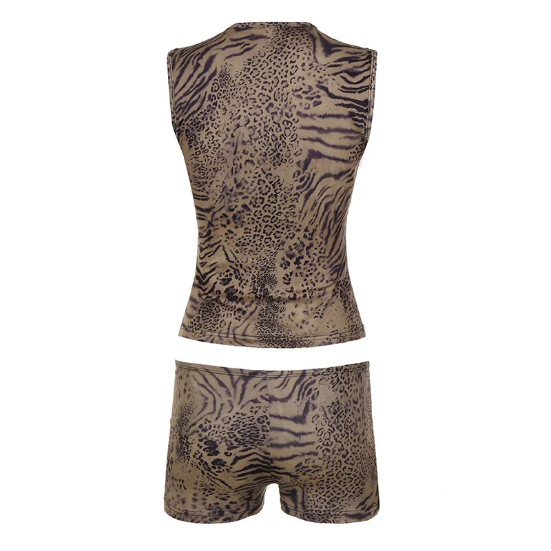Summer new sexy leopard print hook hollow out vest+shorts two-piece set