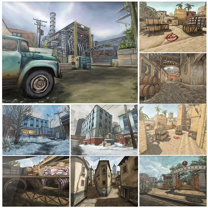 CSGO Landschafts-Ölgemälde Poster Counter-Strike Kunstdrucke Leinwand Counter-Strike Wandkunst Bilder Heim Zimmer Spiel Dekoration
