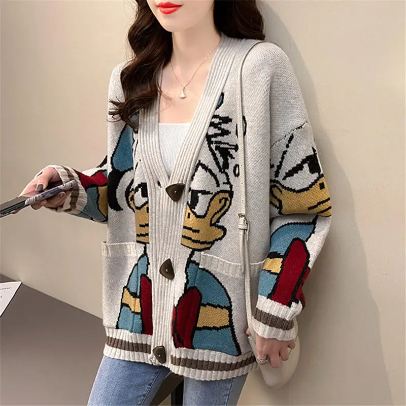 

Knitted Cardigan Donald Cartoon Sweaters for Women Coat Female Autumn and Winter Loose Wild Thicken Kawaii Tops Korea Popular