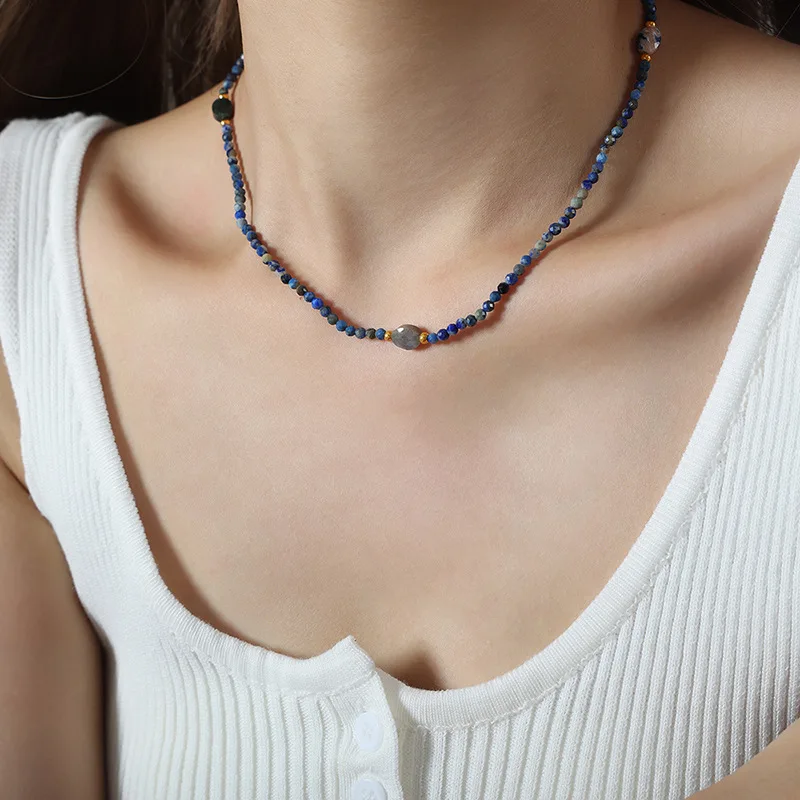 Boho Natural Stone Beads Handmade Chain Collar Facted Blue Grey Beaded Stainless Steel Necklace Jewelry for Women Fashion Jewelr