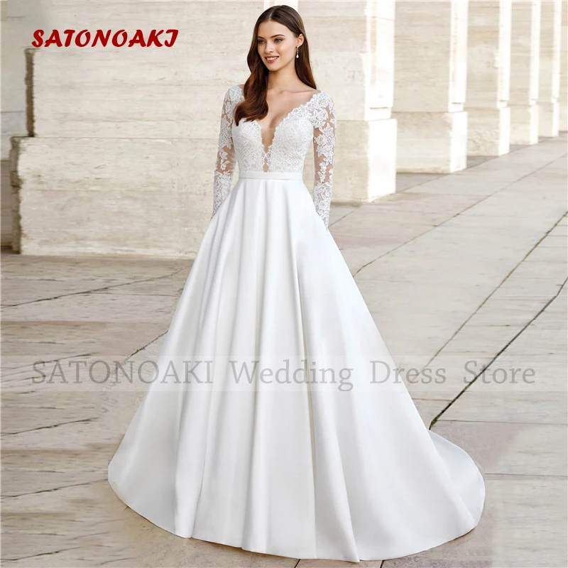 

Elegant Boho V-Neck Lace Satin Wedding Dress for Women A-Line Floor Length Sexy Backless Bride Gown Vestido De Novia Custom Made