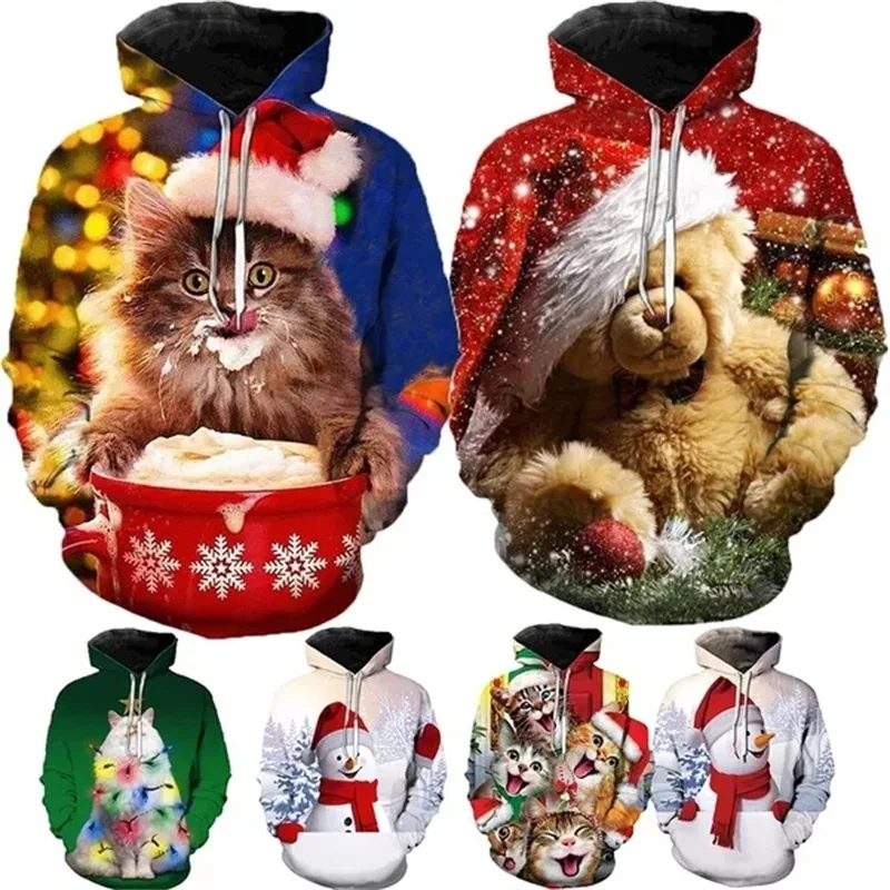 Christmas Hoodies Men 3D Printing Casual Oversized Pullover Sweatshirt Cute Animal Cat Graphic Hoodie Funny Christmas Clothes