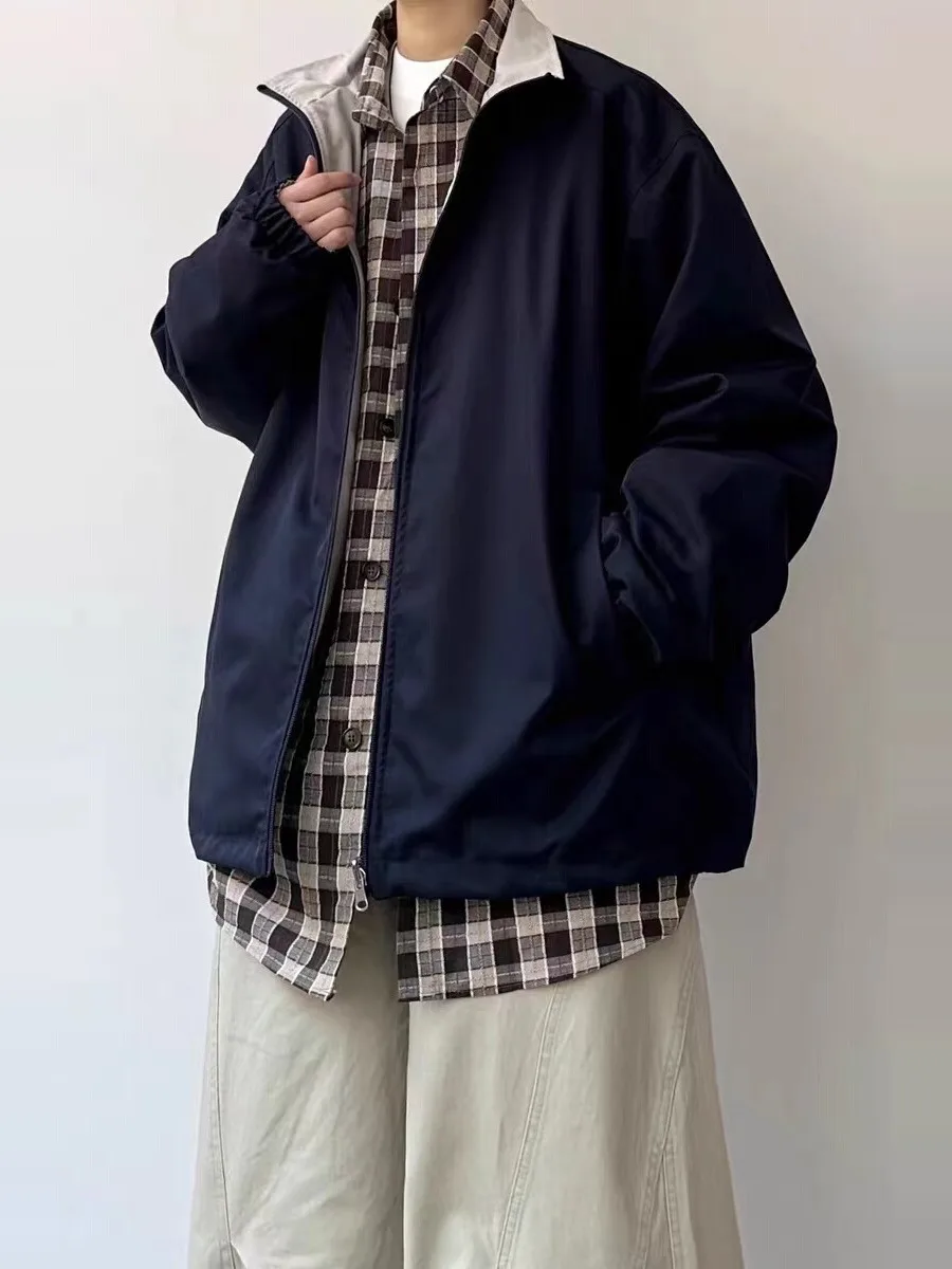 

Ретро-куртка в японском стиле, свободная повседневная модель с воротником-стойкой для мужчин и женщин, весна-осень, американский цветной блок, пальто