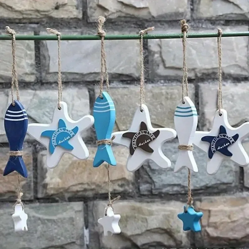 3Pcs/Set Wood Crafts Mediterranean Starfish Hung Fish Nautical Decor Hang Decorated Marine Pendant