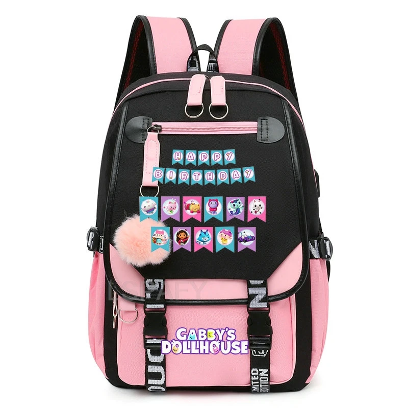 Fashion Gabby\'s Dollhouse Backpack Plush Ball Harajuku Gabby Dollhouse School Bags Women Lovely Girls Canvas Schoolbag Mochlia