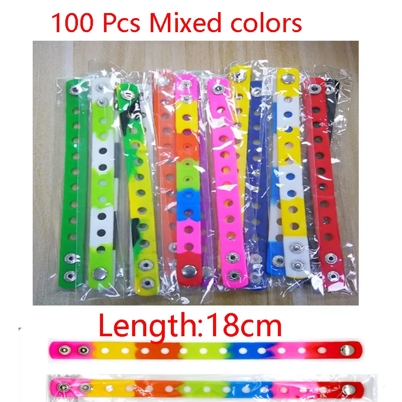 100pcs 18CM Mix Style Random Silicone Bracelet Wristband  Fit Shoe Charms Shoe Buckle Wristband Rubber Wrist Strap