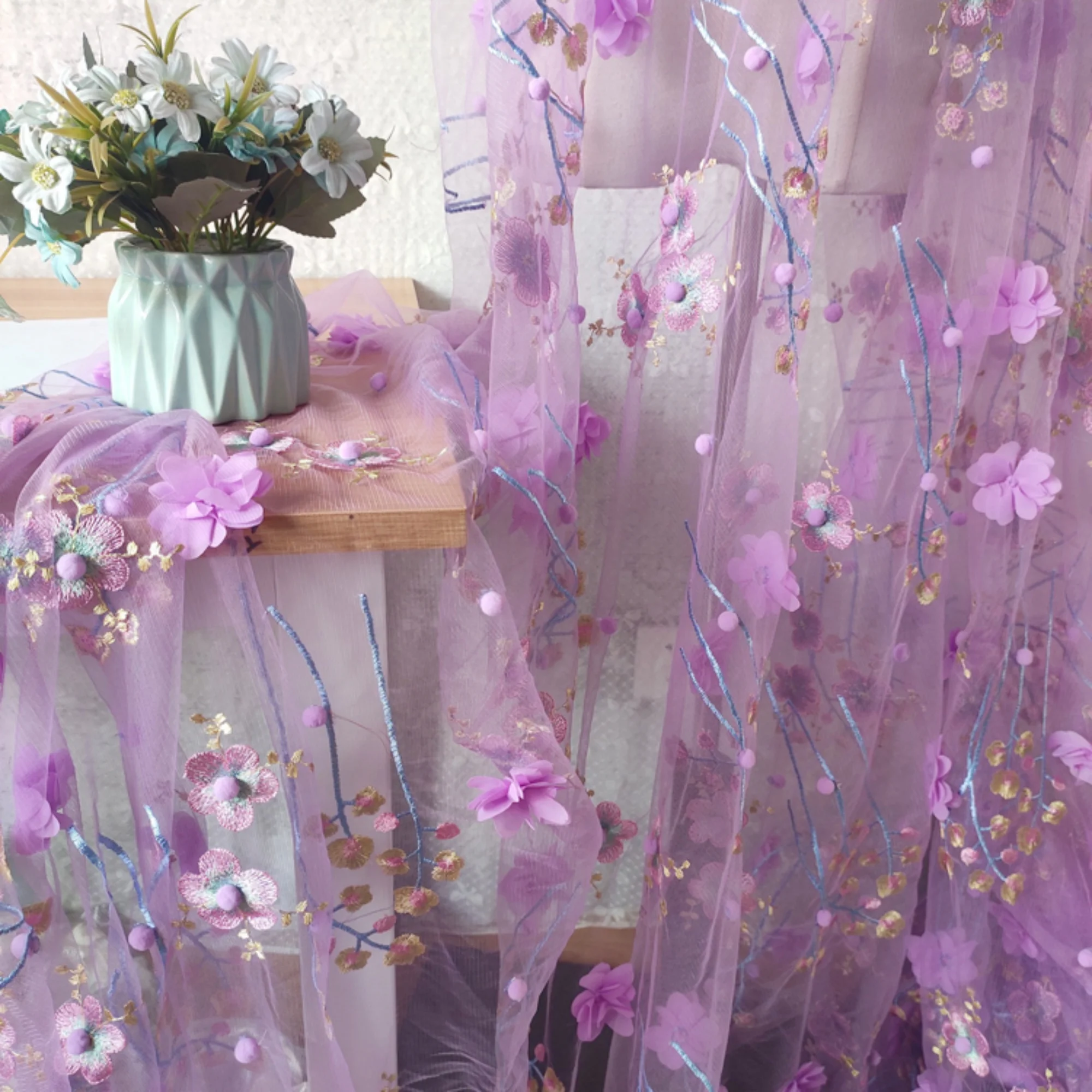 

0.5 meter Width 55.11 inches purple mesh embroidered lace fabric,3D chiffon beaded hair ball fabric