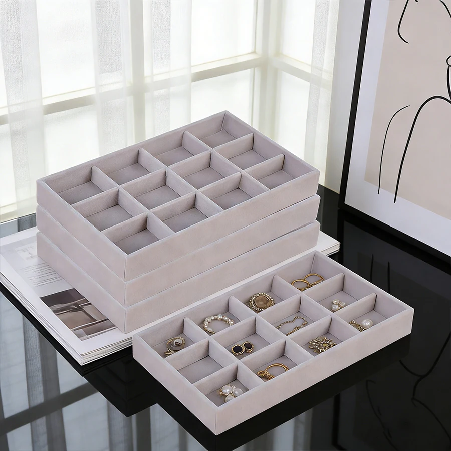 

Hot Jewelry Organizer Velvet Jewelry Storage Tray Ring Bracelet Necklace Storage Box Showcase Drawer Organizer Trays Gray 4Pcs