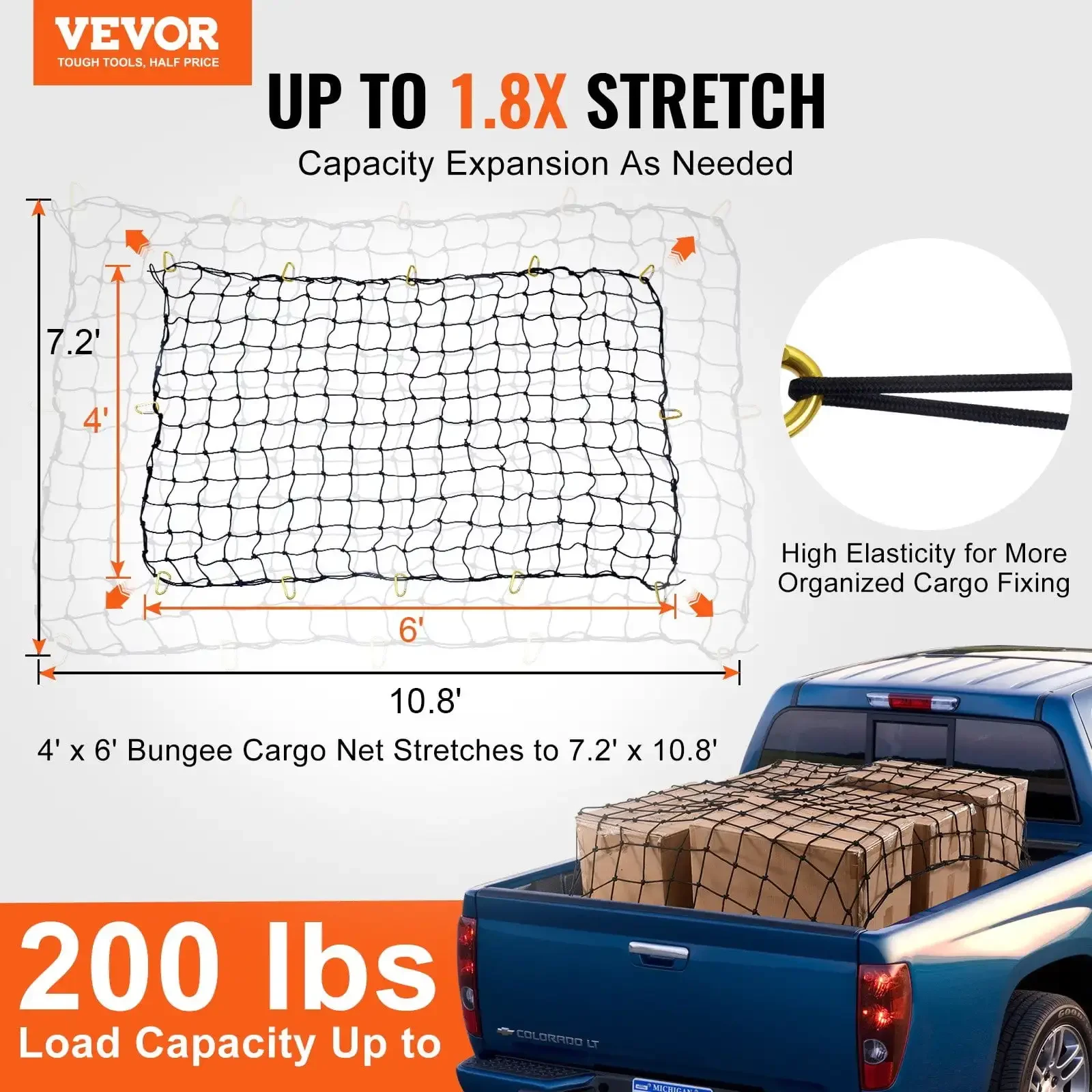 Cargo Net Heavy Duty Bungee Cargo Net 7.2' x 10.8' Stretchable for Trucks