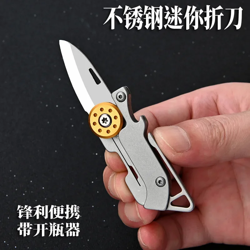 

Stainless Steel Mini Folding Knife Bottle Opener Sharp D2 Steel Outdoor Self-defense Knife Portable Keychain Box Opener