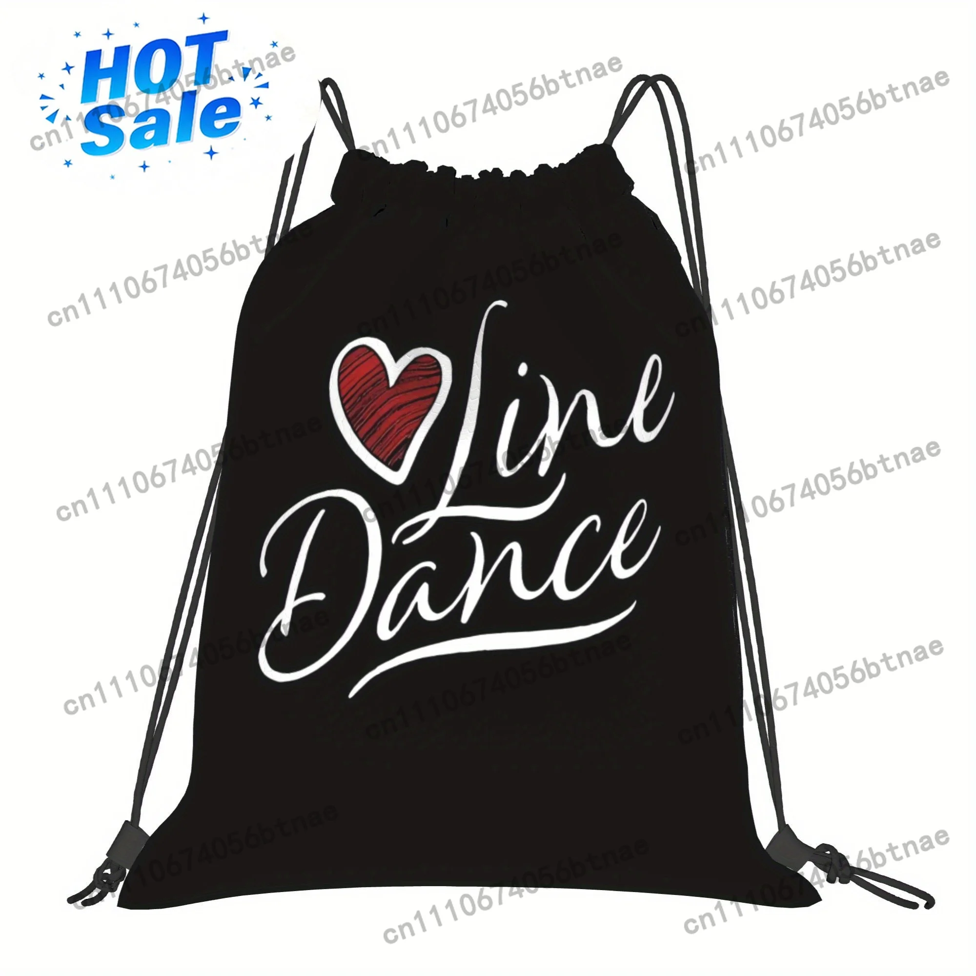 LOVE Line Dance Drawstring Bag - Black with White Heart & Lettering, Soft Shell Gym Sports Travel Backpack, Machine Washable Cas