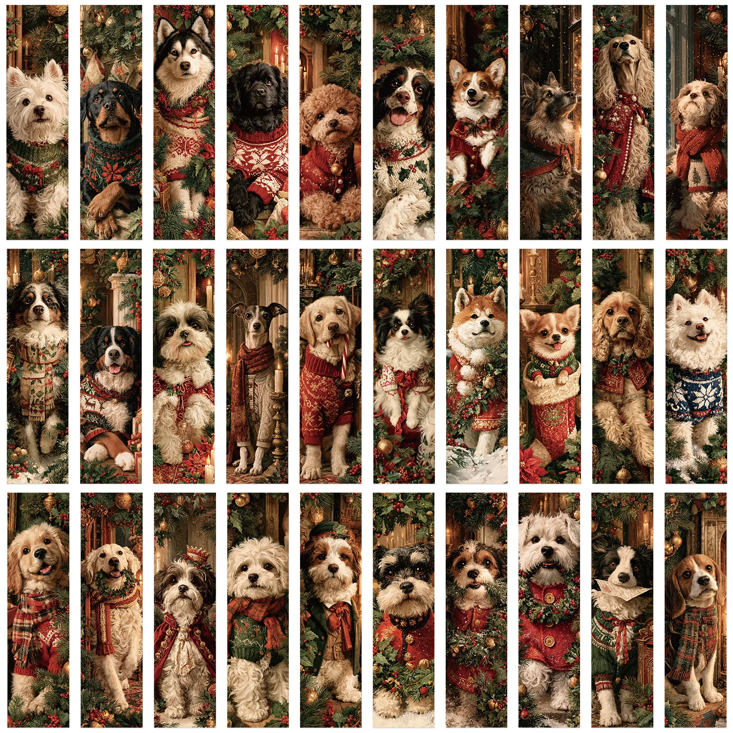 30Pcs Christmas Dog Bookmarks Vintage Festive Puppy Waterproof UV Paper Page Marker Reading Stationery Gift for Book Dog Lovers