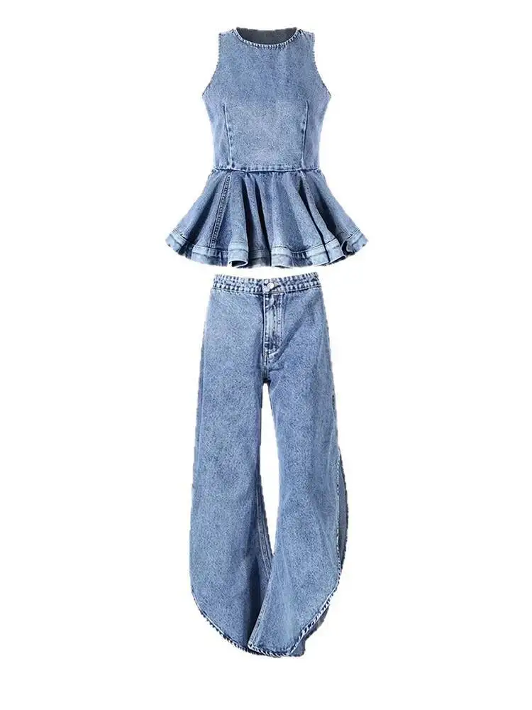 

Ruffles Tank Blue Top Wide Leg Pants Two Piece Suit New Round Neck Sleeveless Women Fashion Spring Autumn 2026 UDFD