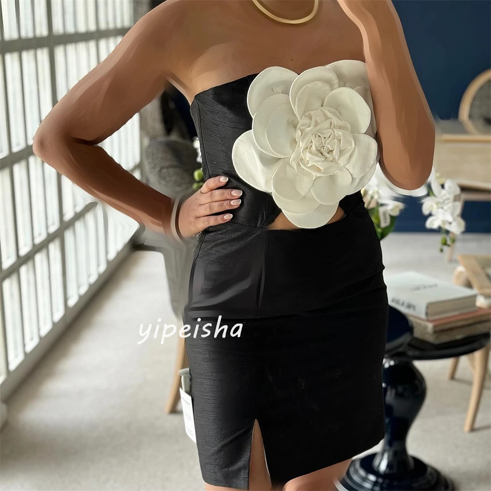 Customized Evening Satin Handmade Pleat Flower Christmas A-line Strapless Bespoke Occasion Gown Short Dresses Saudi Arabia