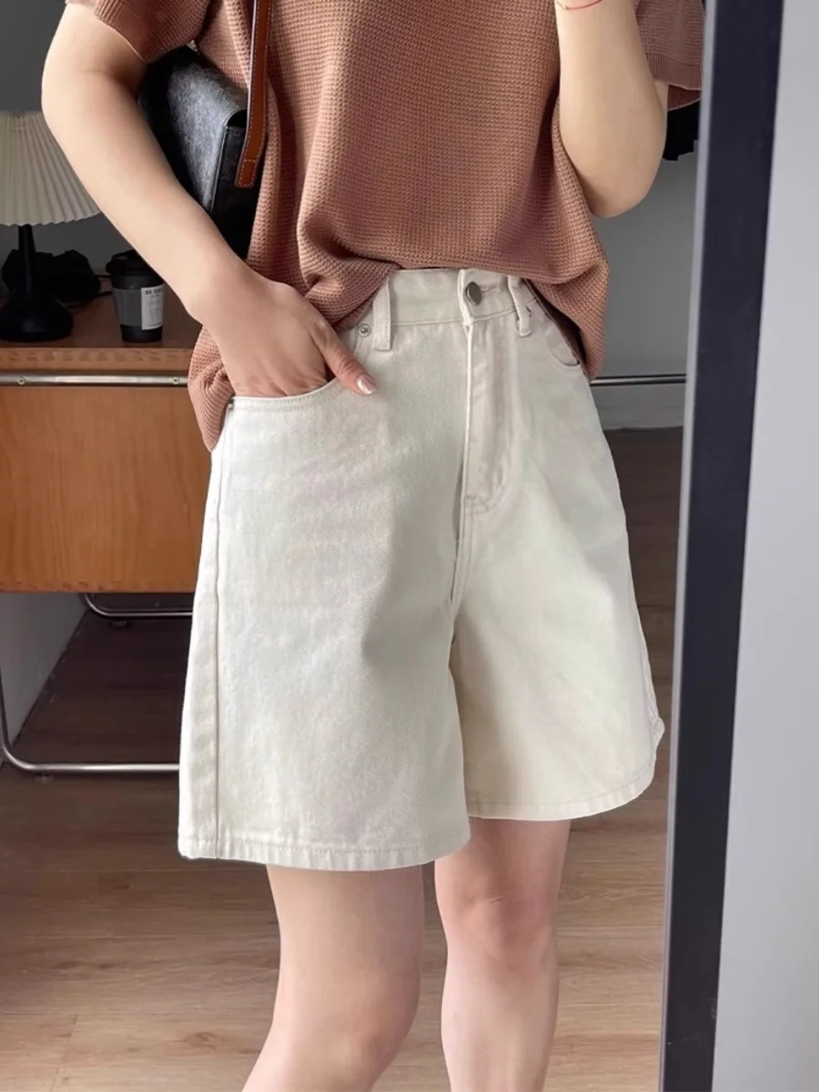 

Summer Thin High Waist Loose Denim orts Women plus Size Cover Hip Slimming Apricot Mid-Length Wide-Leg Five-Quarter Pants