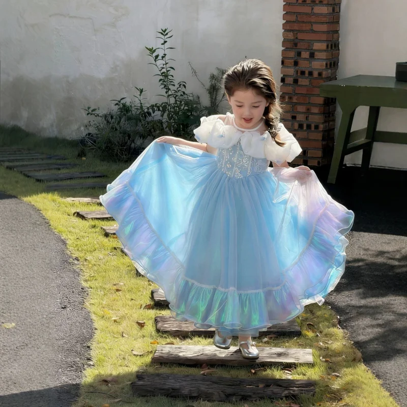 Girls' New Summer Colorful Lace Blue Sweet Princess Beautiful Dress