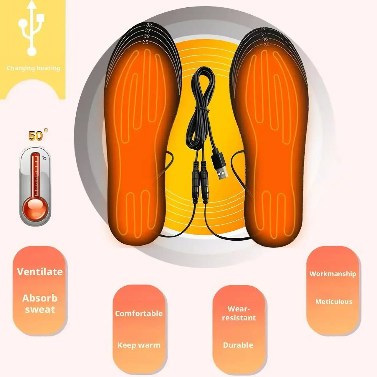 Winter Electric Heated Insoles Trimmable & Washable Temperature Adjustable USB Rechargeable Suitable for Outdoor Walking