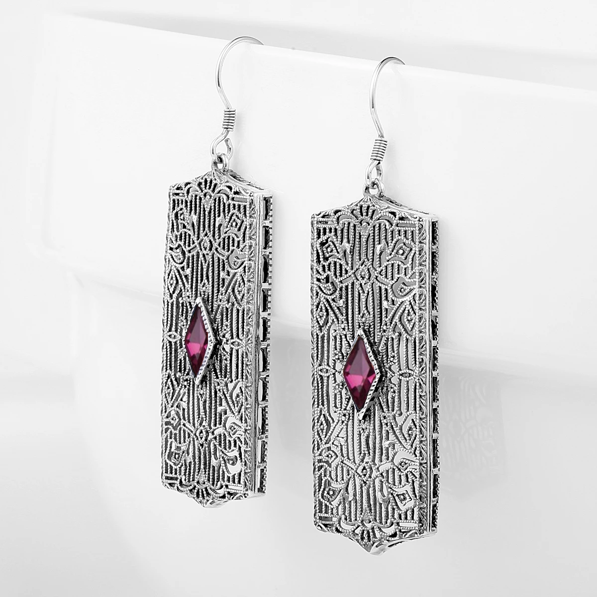 925 Sterling Silver Vintage Filigree Drop Earrings for Women Art Deco Rhombus Red Gemstone Dangle Antique Silver Jewelry Gifts