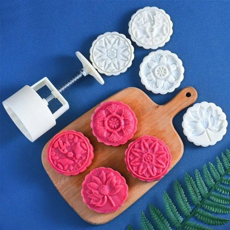 QX2E 100/125g Mooncake Barrel Mold with 4pcs Stamps Hand Press Moon Cake Pastry Mould DIY Bakeware Mid-autumn Festival