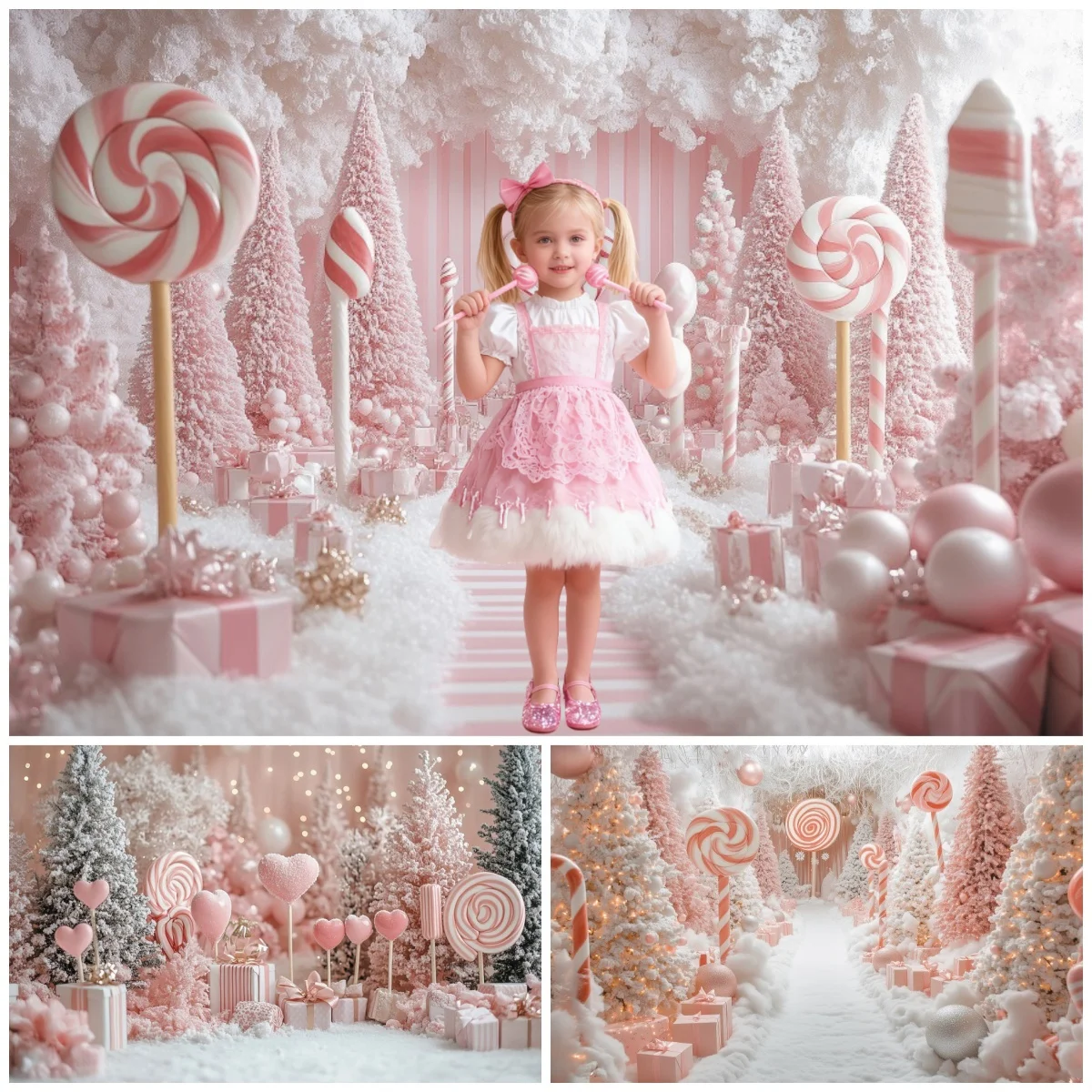 Pink Christmas Decorations Candyland Photography Background Lollipop Tree Gift Heart Decor Photo Studio Kid portrait Party Decor