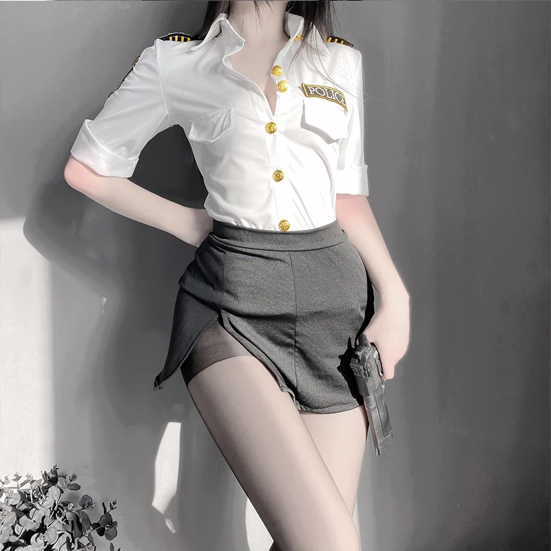 Sexy Police Woman Cosplay Costume Erotic Fantasies Button Up Shirt Skirt Set Uniform Temptation Cop Role-Playing Games Outfit