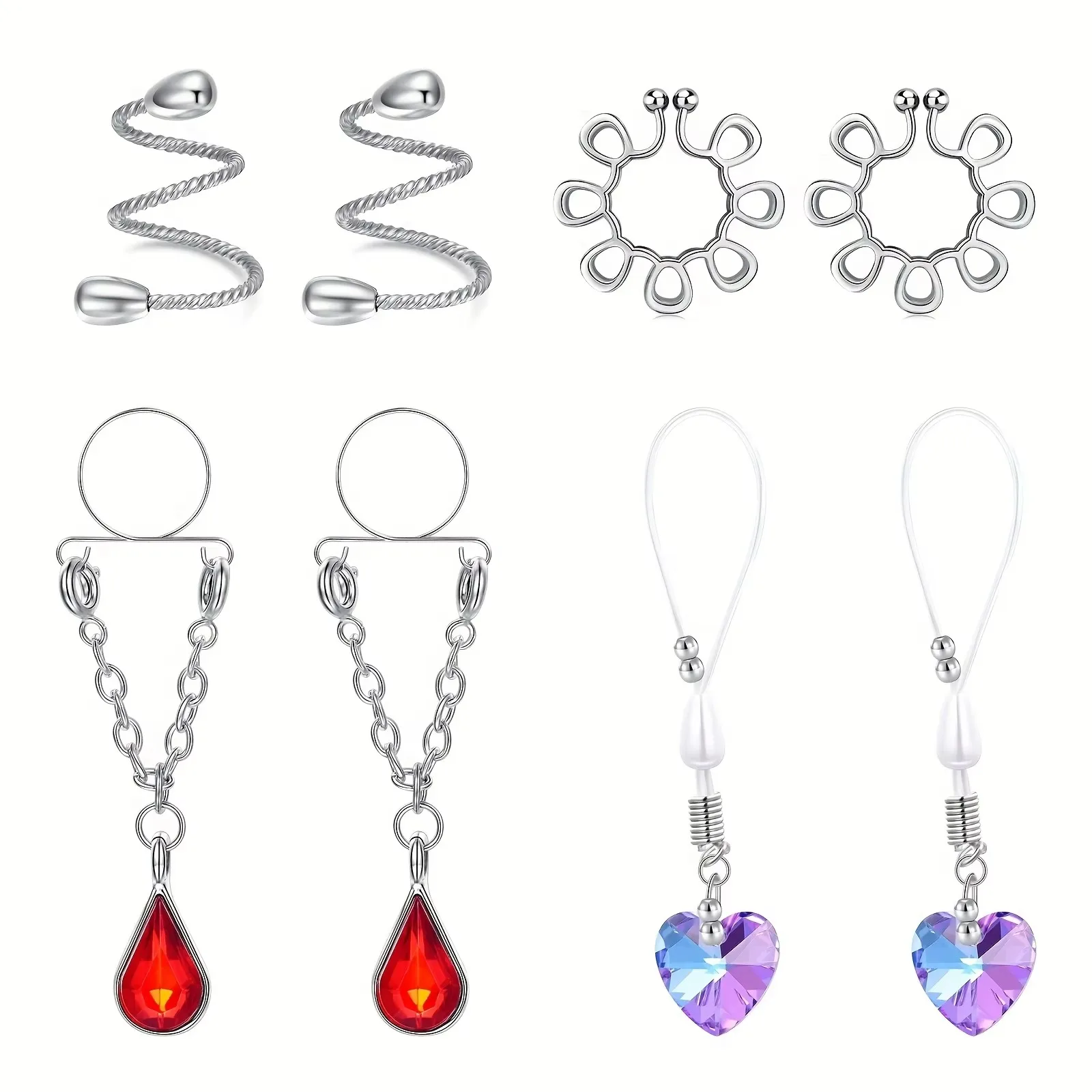 1 Pairs Non Piercing Fake Nipple Rings, Water Drop Heart Shaped Dangle Nipple Clips - view 6