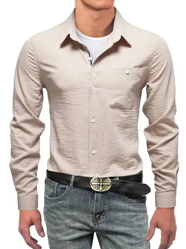 

Spring Men's Casual Long Sleeve Shirt Drape Webbing Linen Thickened Non-Shrinkage CleanFit Style PU Leather Fake Two-Piece De...