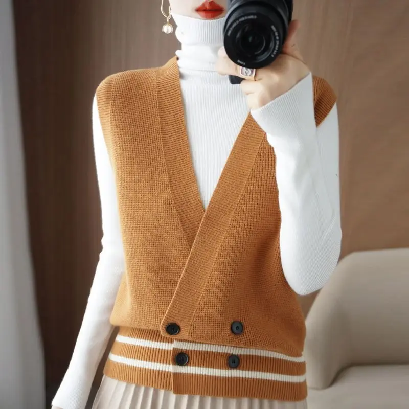 Knitted cardigan vest sweater women autumn new v neck loose casual vest vest fashion all-match sleeveless sweater cardigan vest