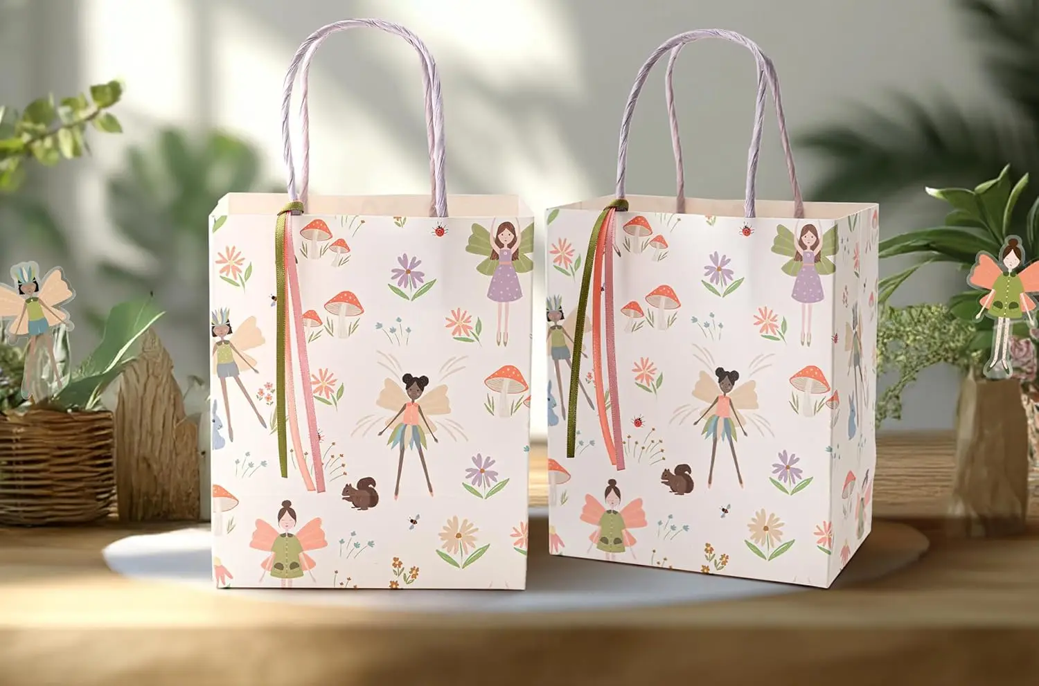 8Pcs Woodland Fairy Theme Gift Bags Set with Ribbon Decorations for Birthday Party Fairies Bag Pink Boxes with Mushroom Flower