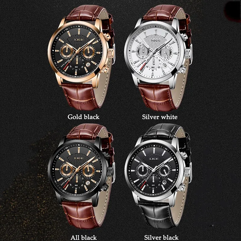 LIGE Watches Men 2024 Top Brand Luxury Casual Leather Quartz Men Watch Man Business Clock Male Sport Waterproof Date Chronograph