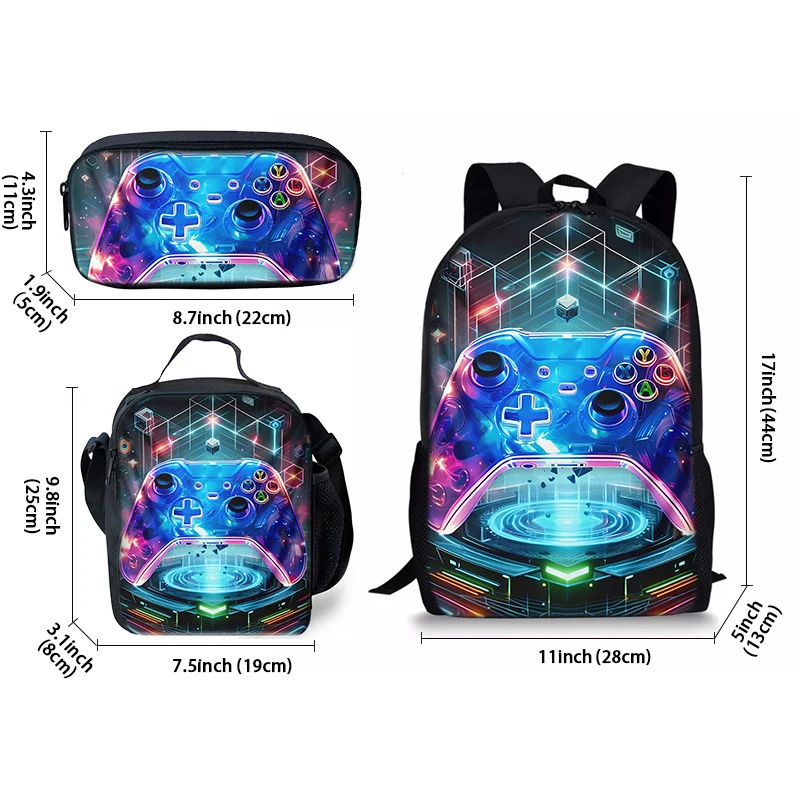 Neon Game Controller Three Piece Set Backpacks For Boy And Girls Best Gifts 2D Flat Cartoon School Backpack For Children