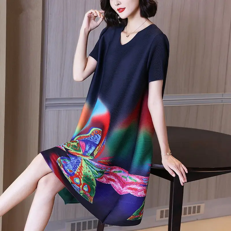 

belly covering, thin and fat MM large size skirt, fashionable printed pleated dress 2025 summer new
