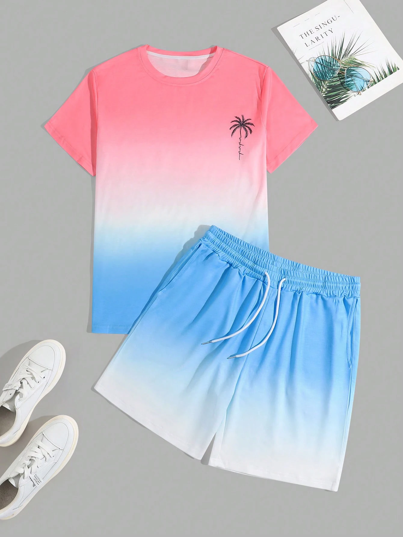 Zomers T-shirt met korte mouwen en gradiëntprint voor heren en shorts met trekkoord in de taille, vakantieset
