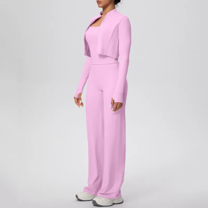 طقم يوجا للسفع الرملي بلون سادة للنساء، سترة ضيقة على شكل حرف I، ساق واسعة، طقم مكون من ثلاث قطع، طقم رياضي للجري واللياقة البدنية #5