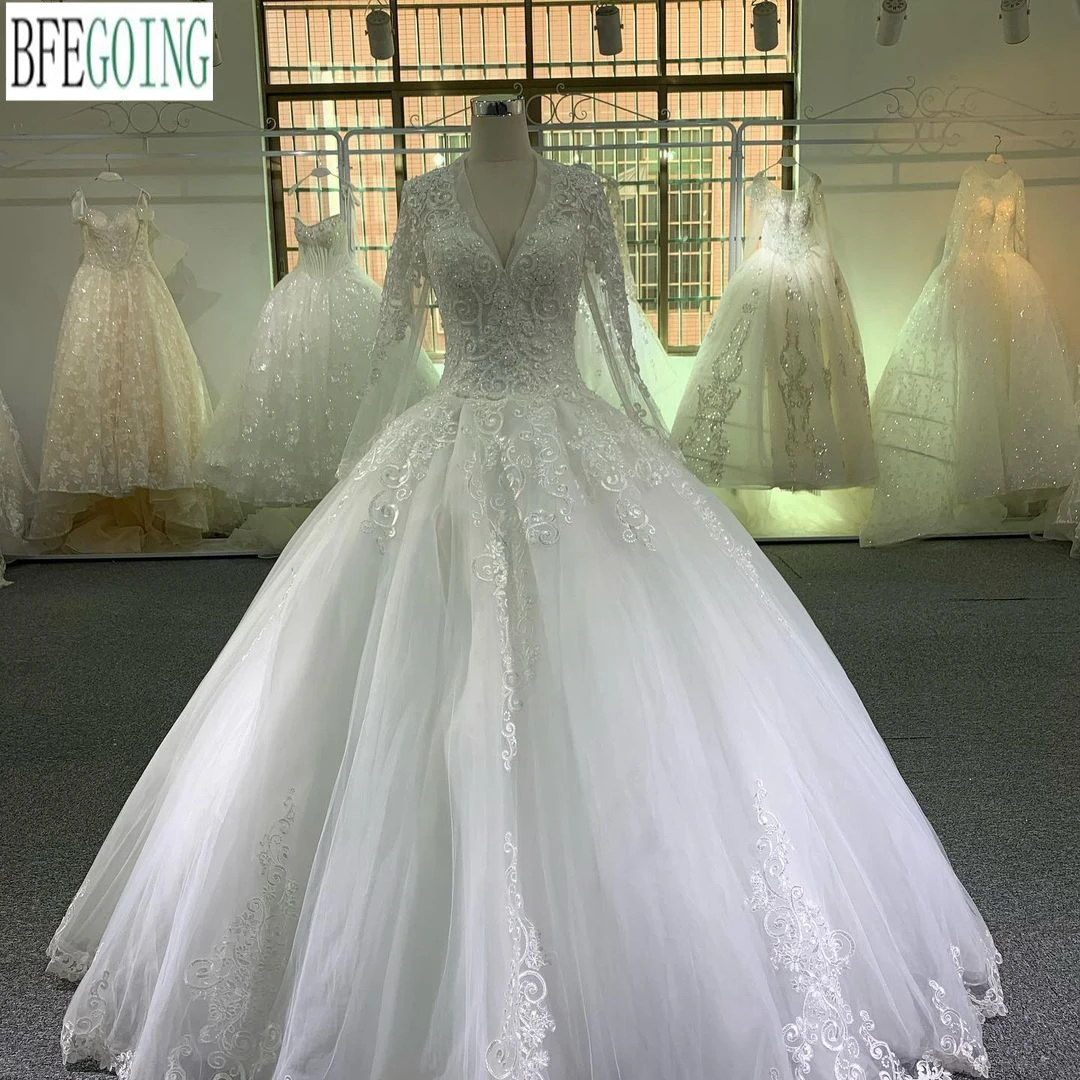 

Lace Beading Ball Gown Wedding Dresses Customized Floor-Length Long Sleeves V-Neck Bridal Gowns Layered Skirt