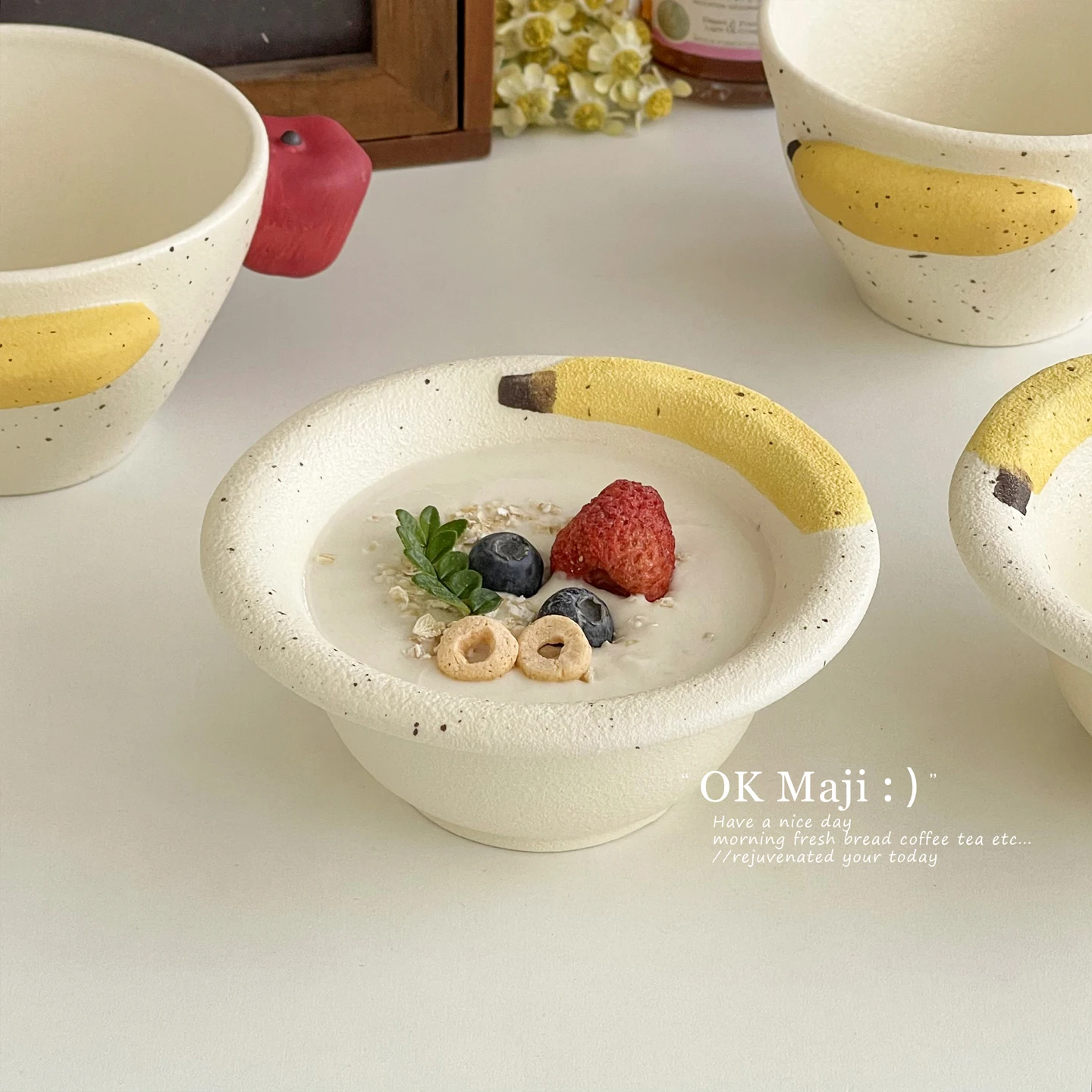 

Ins Style Splashed Ink Ceramic Bowl Creative Patchwork Banana Yogurt Bowls Fashion Versatile Underglaze Color Round Tablewares